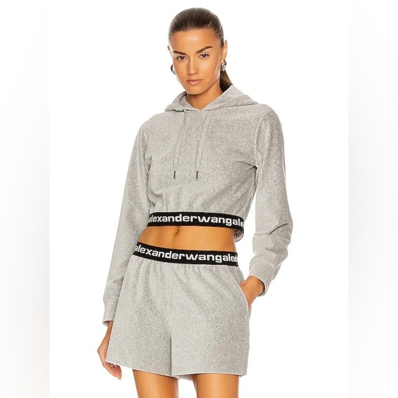 ALEXANDER WANG Stretch Corduroy Cropped Long Sleeve Hoodie in Heather Gray - Picture 1 of 10